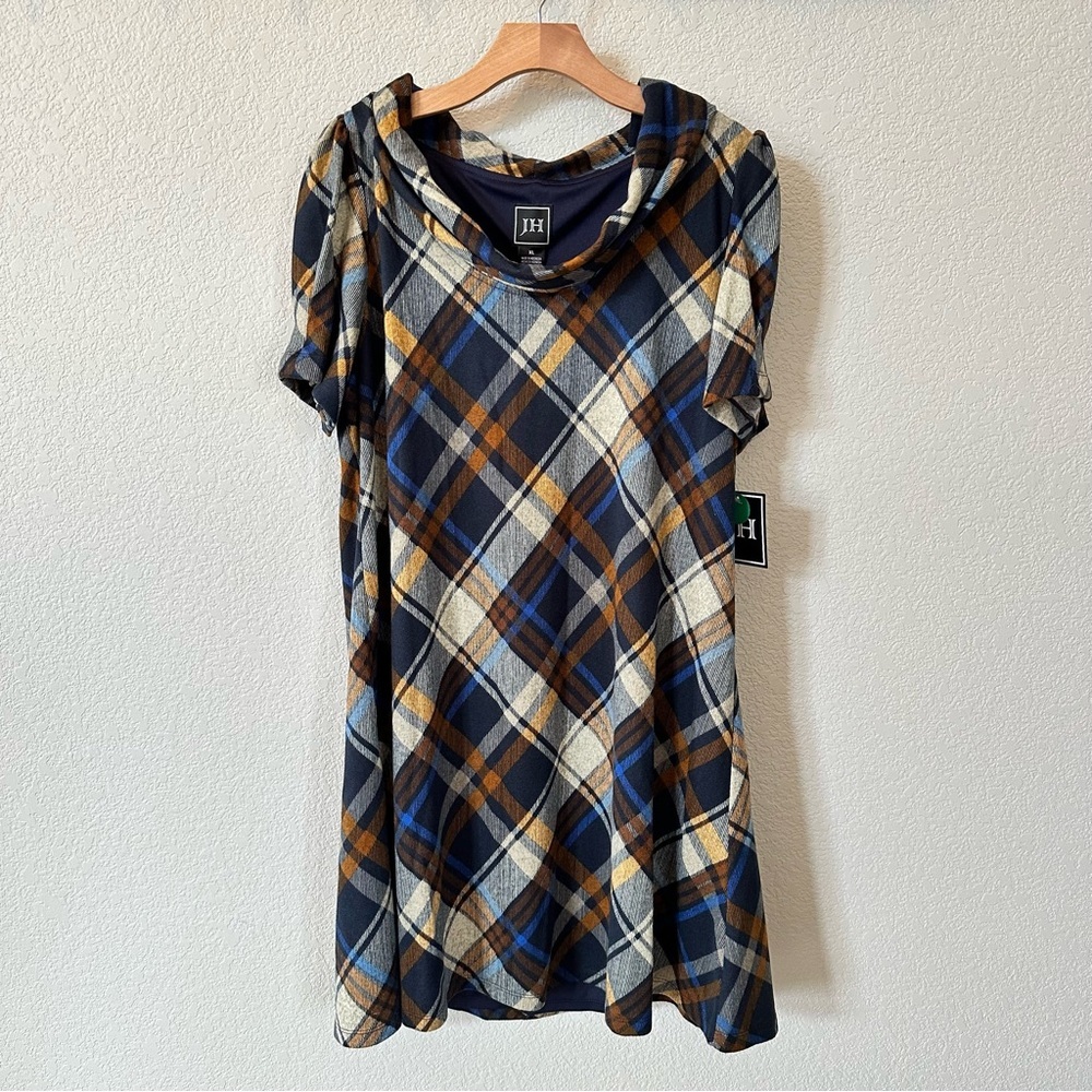 JH Women’s Flouncy A-line Cowl Neck Fleece Plaid Short Sleeve Dress Size XL